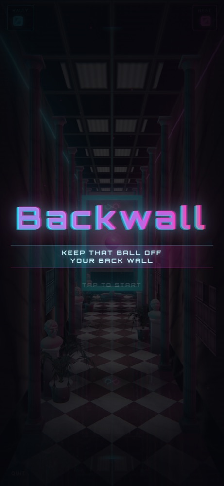 Backwall's title screen: a long hall with a chequered floor.